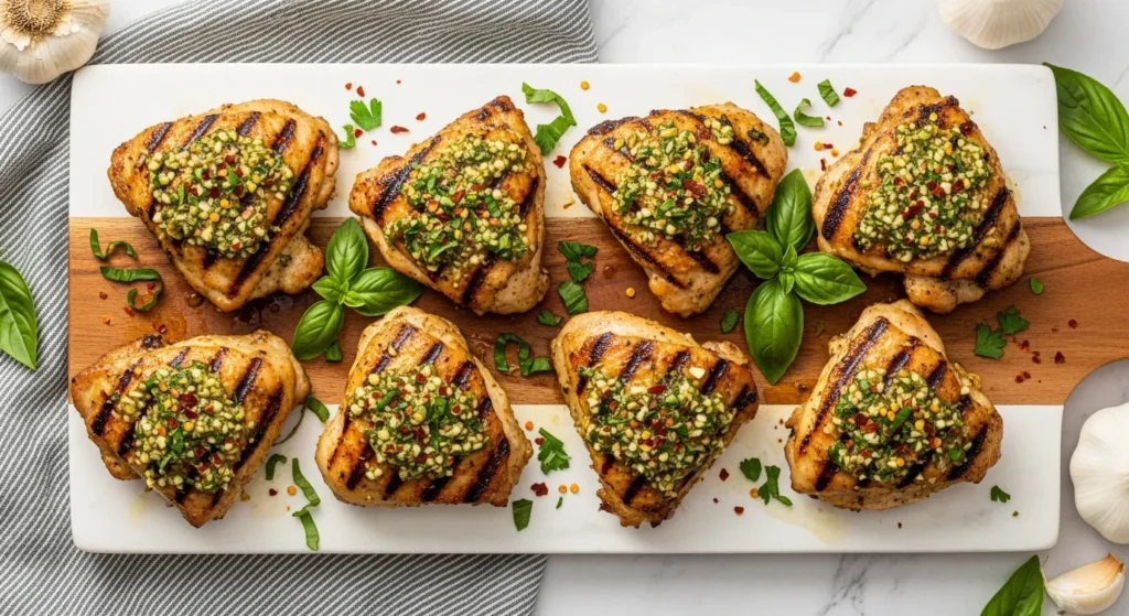 Platter of juicy Grilled Chicken Thighs with Garlic Marinade garnished with fresh parsley and lemon wedges.