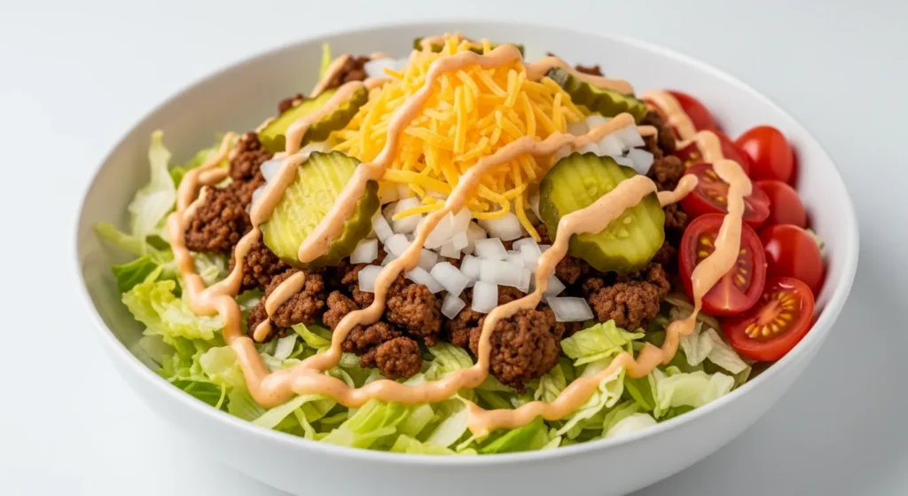 A delicious, loaded Big Mac Smash Burger Bowl Low Carb served in a ceramic dish with special sauce and pickles.