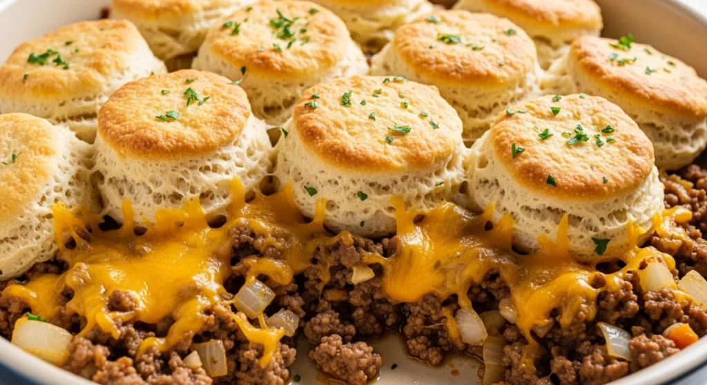 A close-up shot of a steaming hot dish of Cheddar Bay Hamburger Casserole 30min Easy Cheesy Wins Big garnished with parsley.