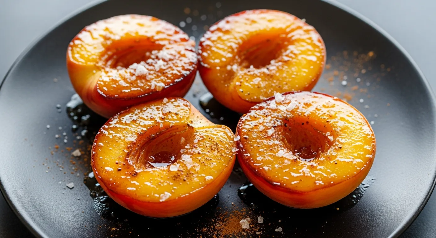 A close-up of golden-brown fried peaches with sugar and cinnamon glaze in a white bowl.