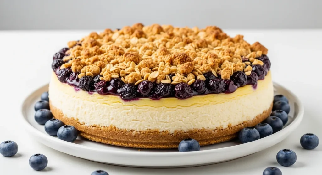 A creamy Blueberry Crumble Cheesecake topped with fresh blueberries and a golden buttery streusel.