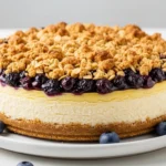 A creamy Blueberry Crumble Cheesecake topped with fresh blueberries and a golden buttery streusel.