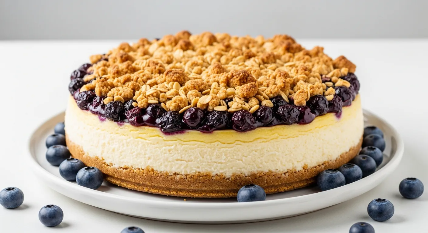 A creamy Blueberry Crumble Cheesecake topped with fresh blueberries and a golden buttery streusel.