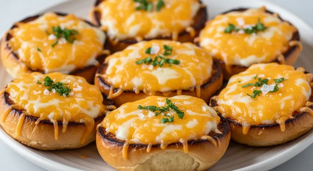 A stack of golden-brown Mini Grilled Cheese Hawaiian Rolls with melted cheese oozing from the sides on a rustic serving platter.
