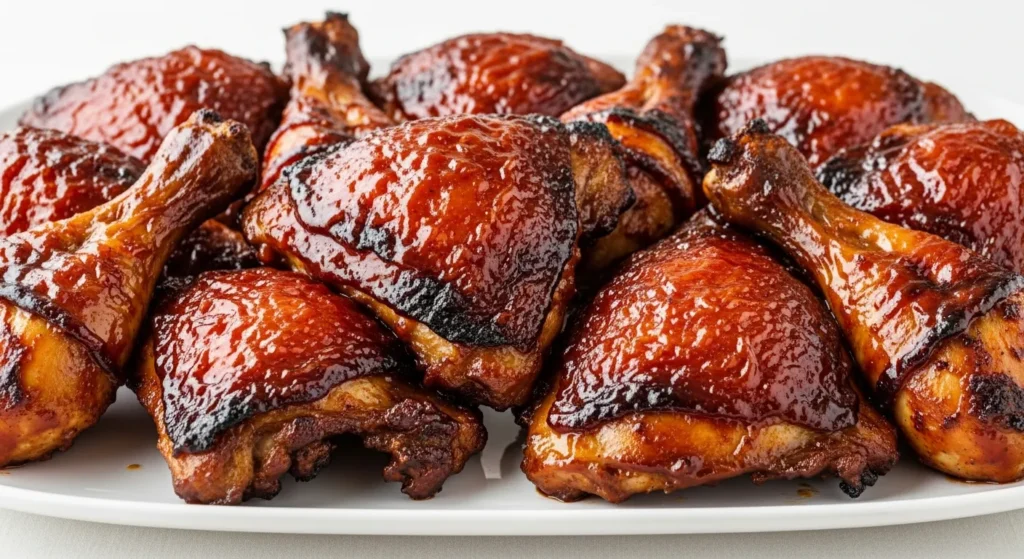 A platter of grilled, glazed Juicy BBQ Chicken garnished with fresh herbs.