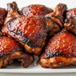 A platter of grilled, glazed Juicy BBQ Chicken garnished with fresh herbs.