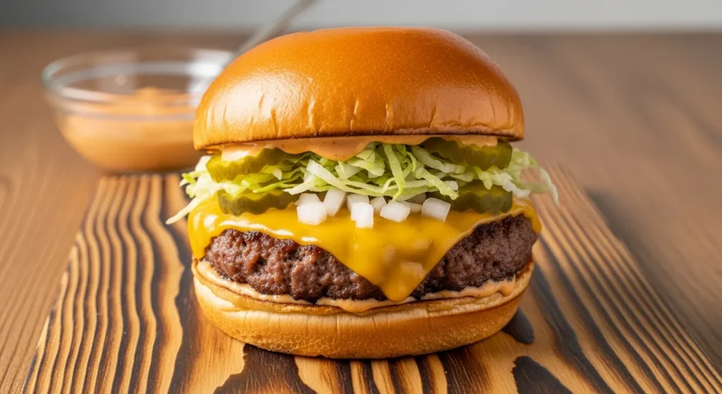 A perfectly seared double cheeseburger with melted cheese on a toasted brioche bun, demonstrating the final Smash Burger Recipe.