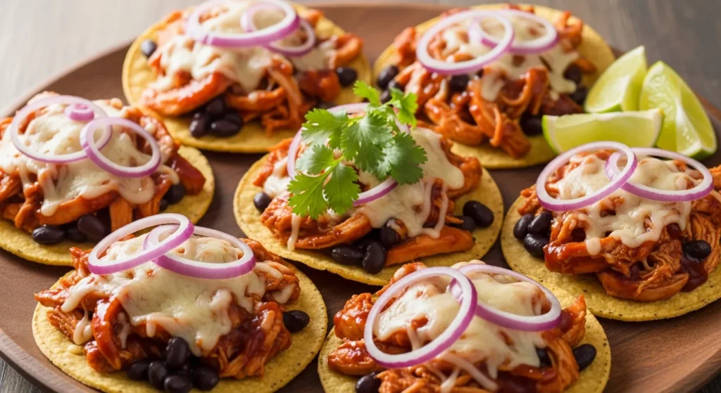 Barbecue Chicken Tostadas including corn tortillas, cooked shredded chicken, bottled BBQ sauce,