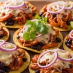 Barbecue Chicken Tostadas including corn tortillas, cooked shredded chicken, bottled BBQ sauce,
