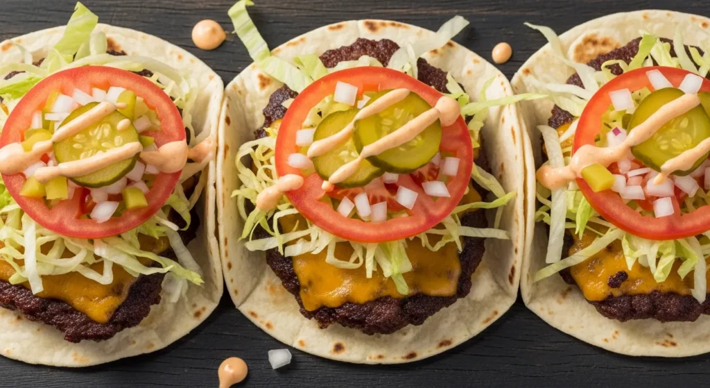 Close up of juicy Smashed Cheeseburger Tacos loaded with melted cheese, fresh lettuce, and special sauce.