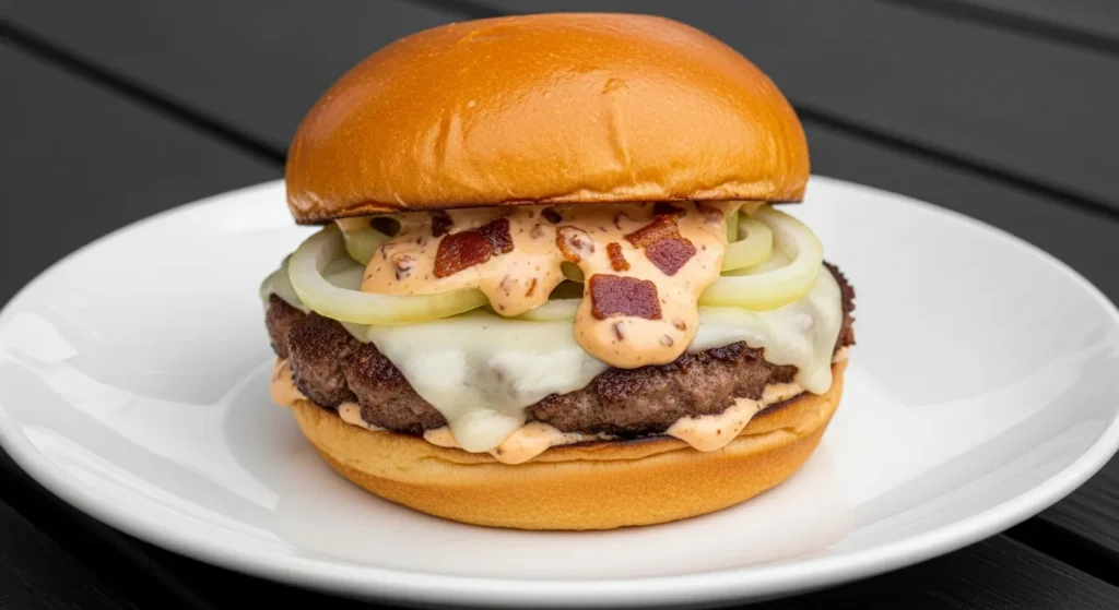 A close-up of juicy Smash Burgers with Baconnaise Sauce on a toasted brioche bun with melted cheese.