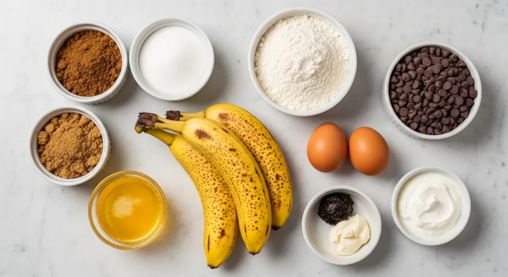 Overhead view of raw ingredients for banana bread, featuring overripe bananas, flour, eggs, and walnuts.