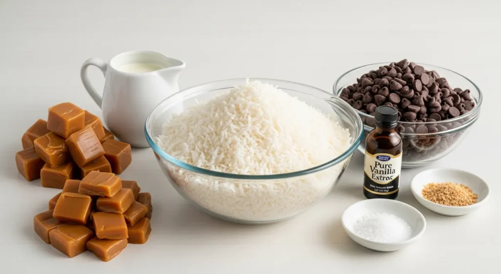 An overhead view of ingredients for No-Bake Samoa Cookies including shredded coconut, chocolate chips, and caramel sauce.
