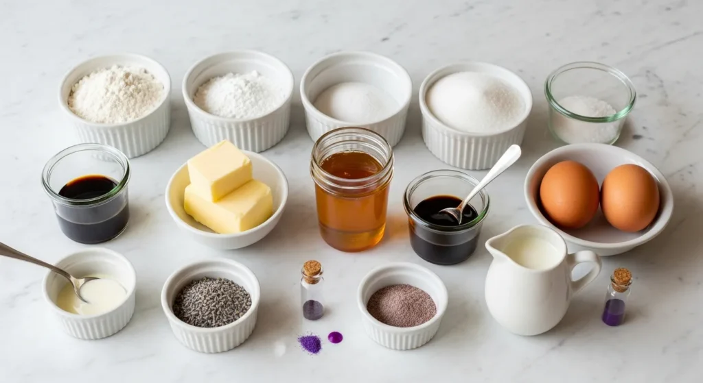 Raw ingredients for Lavender Honey Cupcakes including organic honey, culinary lavender, flour, and farm-fresh eggs on a kitchen counter.
