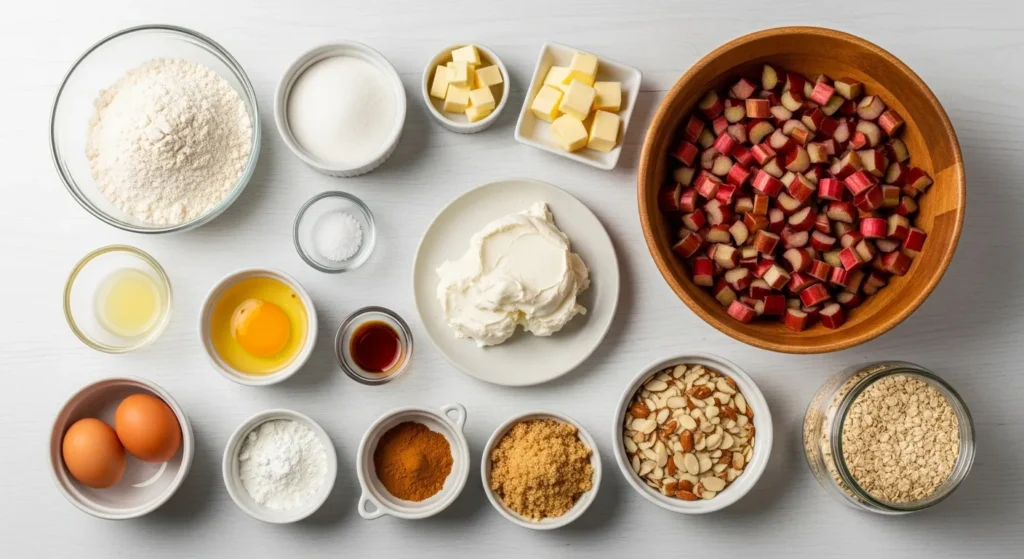 Fresh rhubarb stalks, cream cheese, eggs, and sugar laid out on a kitchen counter for Rhubarb Cheesecake Squares.