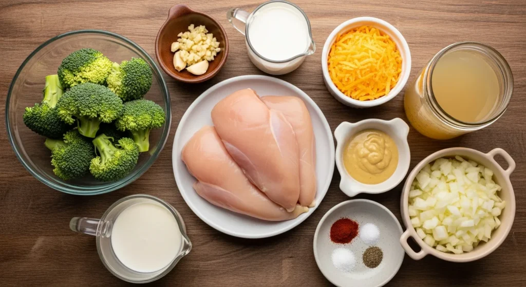 An overhead view of raw ingredients for Crockpot Creamy Broccoli Cheddar Chicken including fresh broccoli, chicken breast, and shredded cheddar.