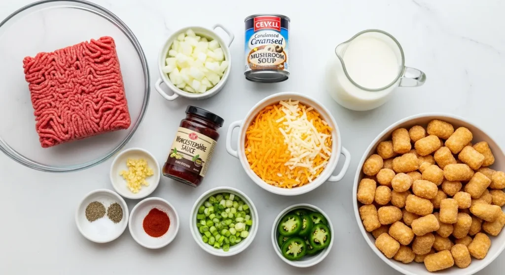 Raw ingredients for Cheesy Ground Beef And Tater Tot Casserole including ground beef, frozen tater tots, shredded cheese, and cream of mushroom soup.