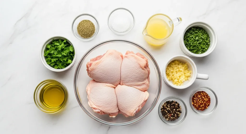 Raw ingredients for Grilled Chicken Thighs with Garlic Marinade including chicken, garlic, olive oil, and herbs.