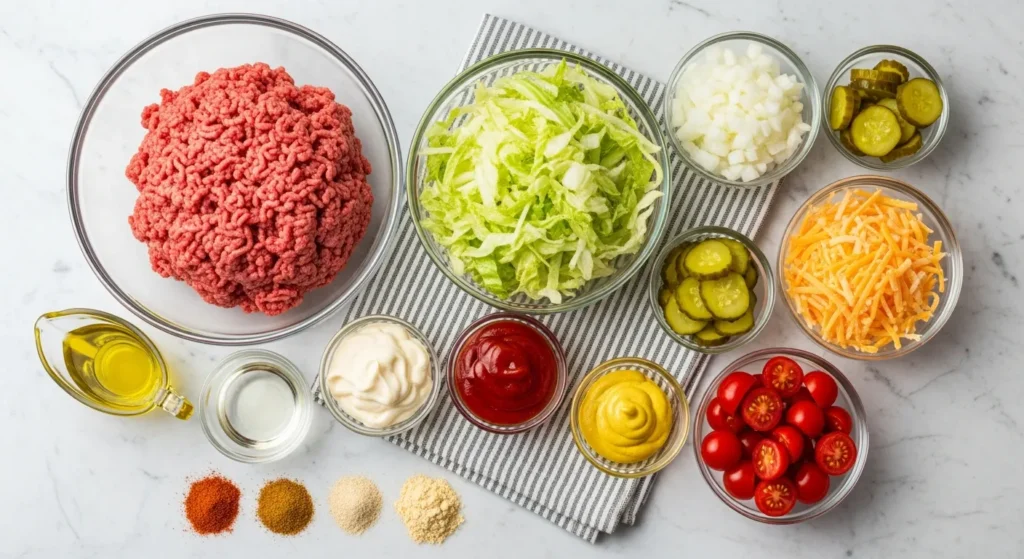 Raw ingredients laid out for a Big Mac Smash Burger Bowl Low Carb including ground beef, lettuce, cheese, and pickles.