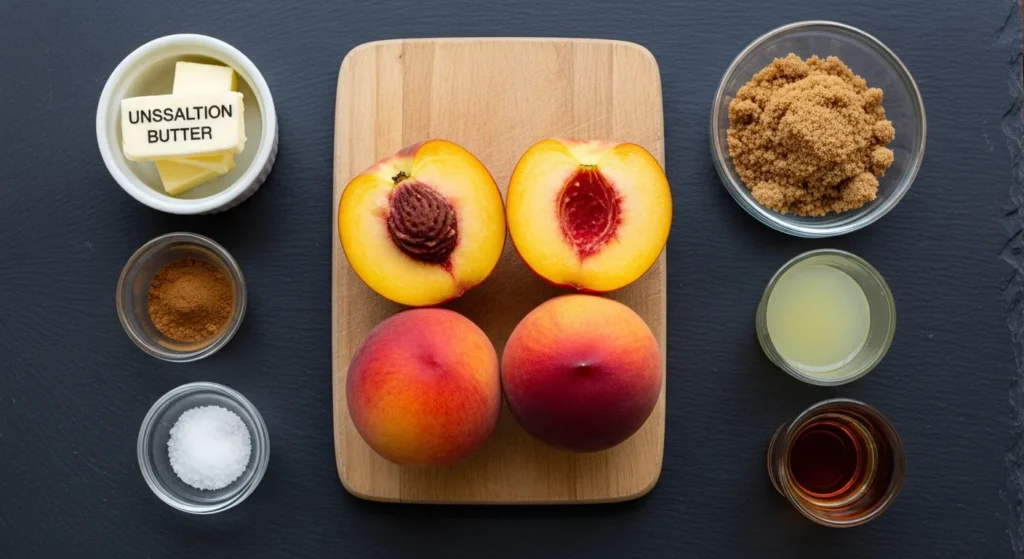 Fresh peach slices, a bowl of brown sugar, and cinnamon sticks laid out for cooking.