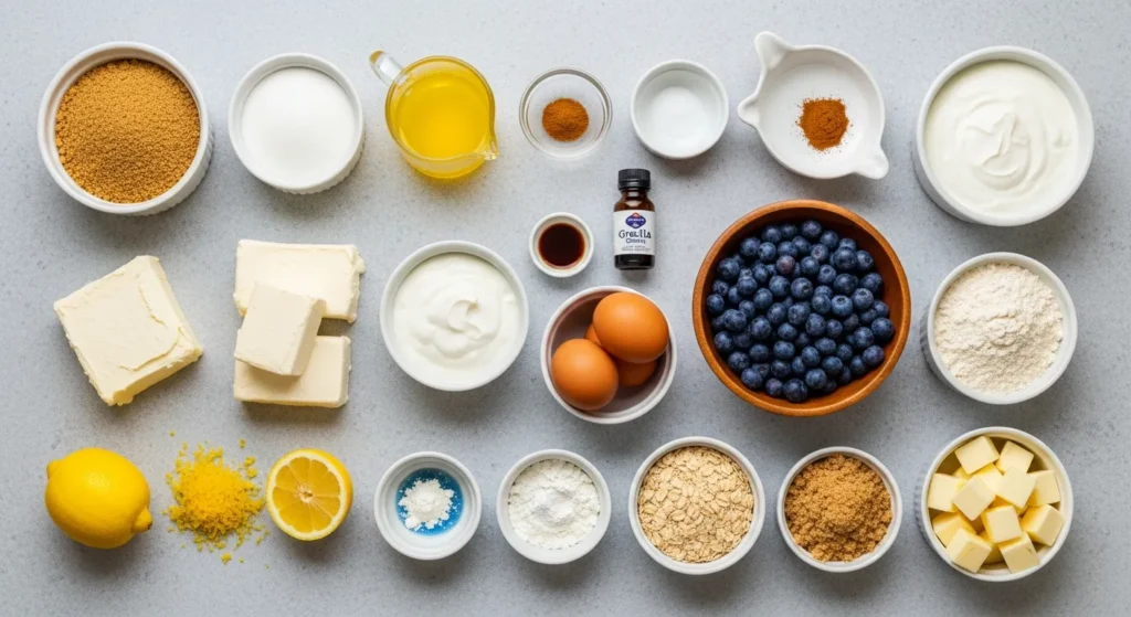 Raw ingredients for a Blueberry Crumble Cheesecake including fresh berries, cream cheese, sugar, and flour.