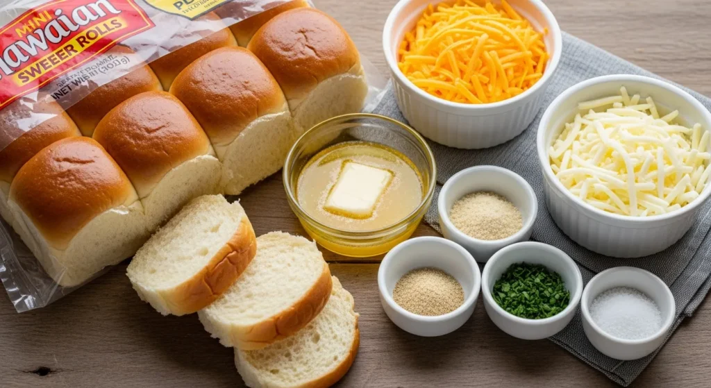A flat lay of ingredients for Mini Grilled Cheese Hawaiian Rolls including a pack of sweet rolls, sliced cheddar, butter, and garlic salt.