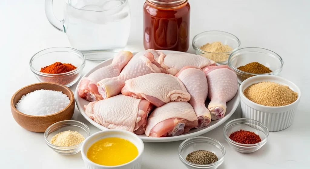 Raw chicken thighs, artisanal spices, and homemade sauce for Juicy BBQ Chicken.