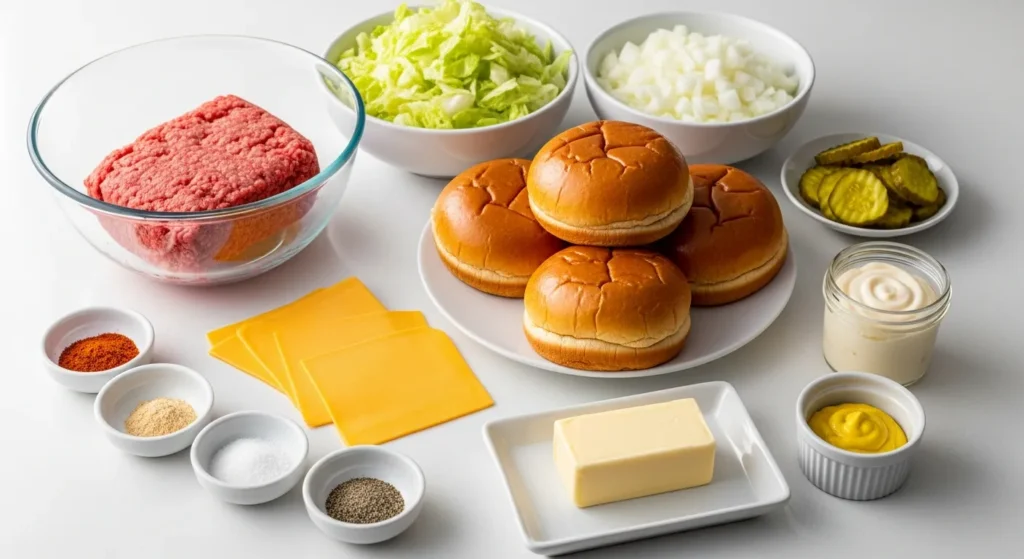 Raw ground beef, sliced onions, American cheese, and pickles prepared for a Smash Burger Recipe.