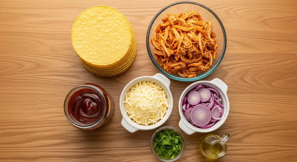 Fresh ingredients for Barbecue Chicken Tostadas including corn tortillas, cooked shredded chicken, bottled BBQ sauce, and fresh lime.