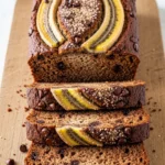 Vertical promotional graphic for a banana bread recipe with a close-up of a buttered slice.