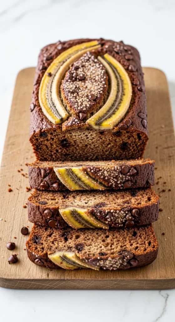 Vertical promotional graphic for a banana bread recipe with a close-up of a buttered slice.