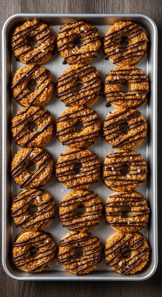 A vertical Pinterest graphic showing a stack of No-Bake Samoa Cookies with a text overlay about the easy recipe.