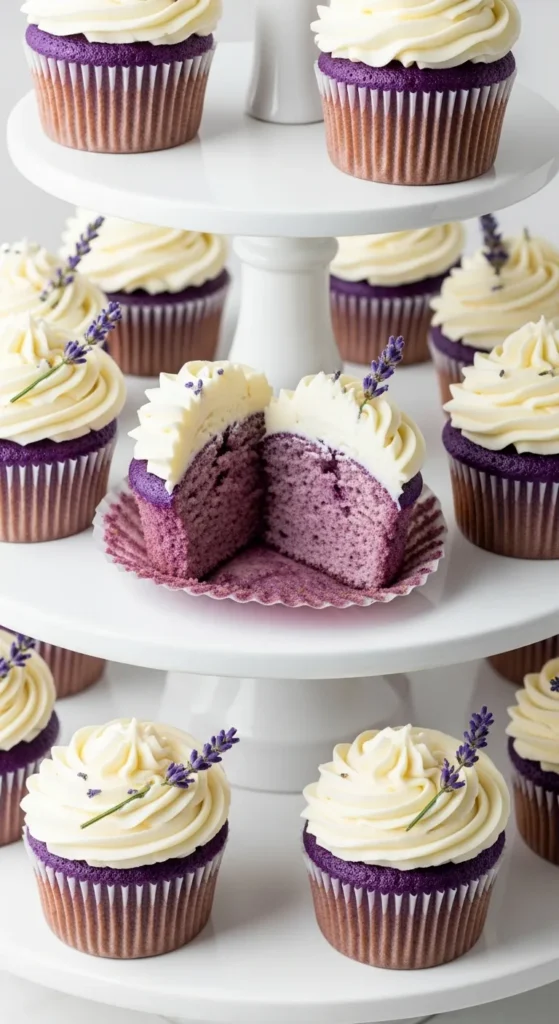 Vertical Pinterest graphic featuring a stack of Lavender Honey Cupcakes with a text overlay reading The Ultimate Spring Dessert.