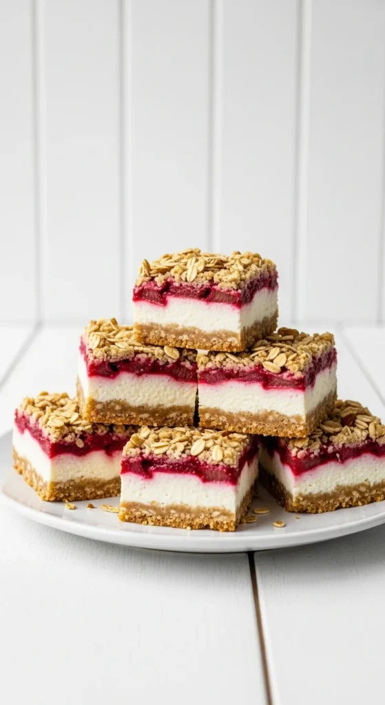 Vertical image showing a stack of Rhubarb Cheesecake Squares with a text overlay for recipe saving.