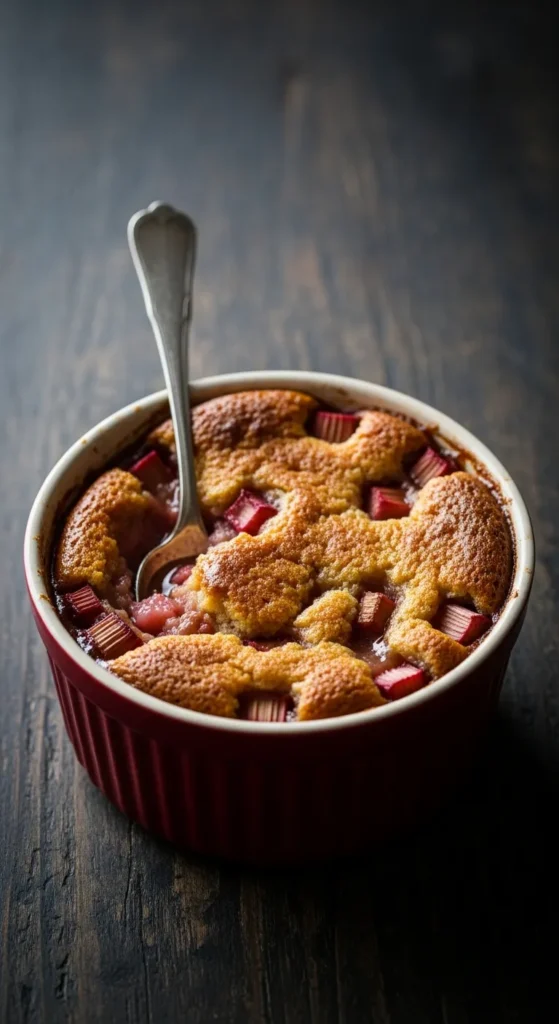 Vertical promo image of a slice of Baked Sticky Rhubarb Pudding showing the moist sponge and ruby red rhubarb pieces.