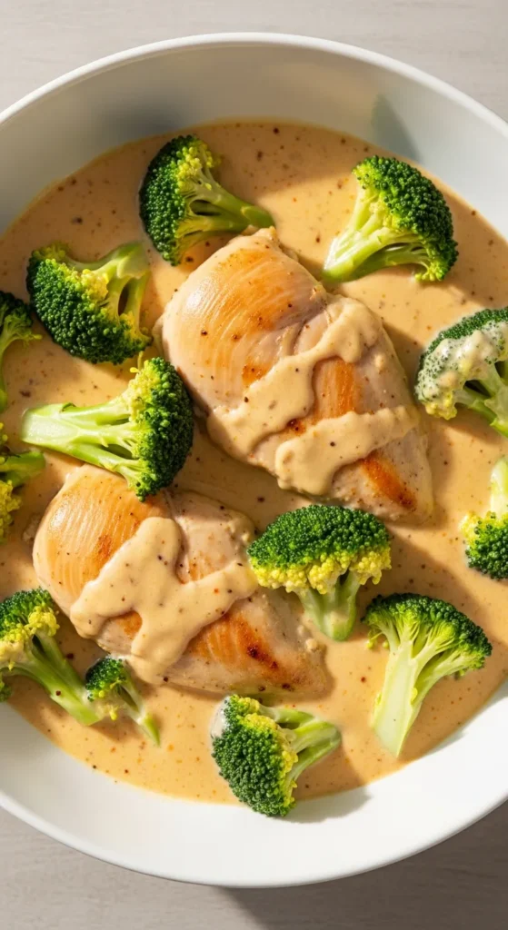 Vertical promotional graphic featuring the Crockpot Creamy Broccoli Cheddar Chicken with a text overlay for social media sharing.