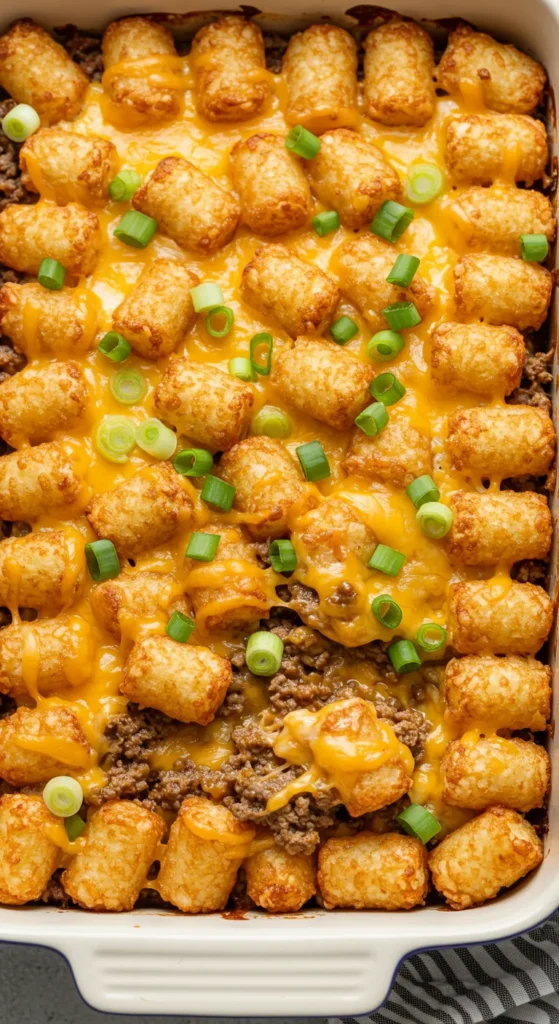 Vertical promotional image for the best Cheesy Ground Beef And Tater Tot Casserole with a close-up of a single serving.