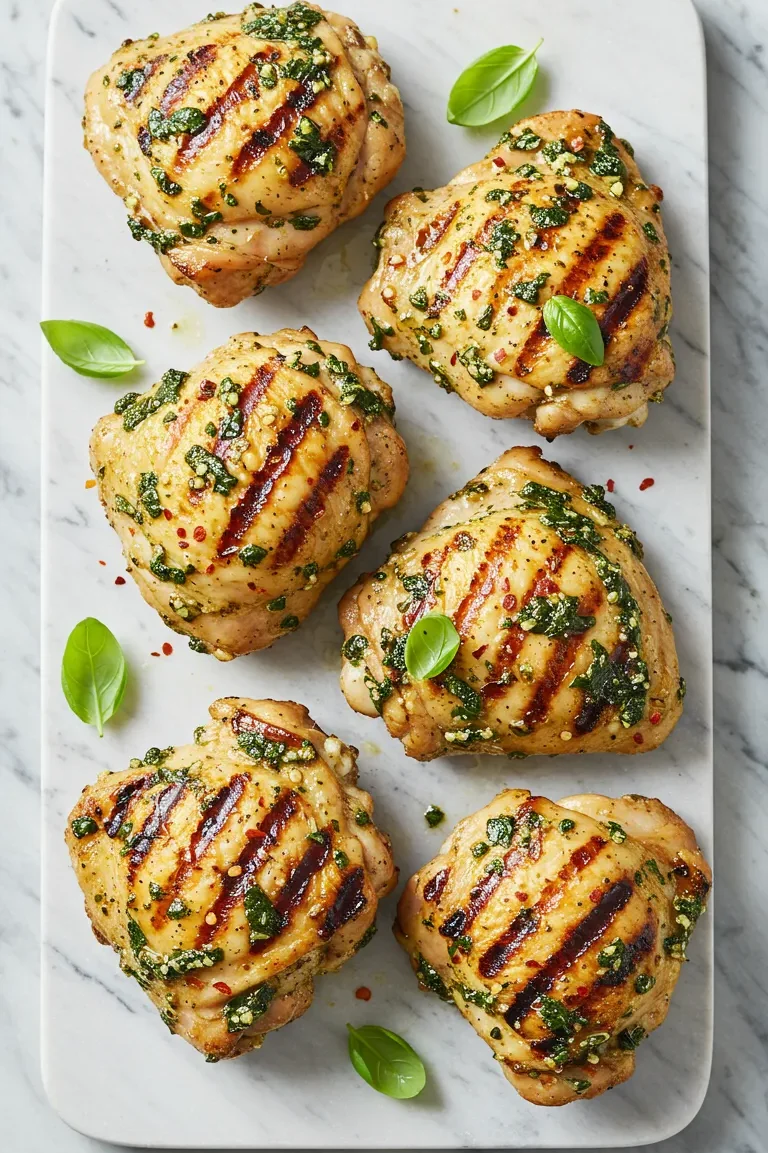Vertical Pinterest graphic for Grilled Chicken Thighs with Garlic Marinade with bold text overlay.