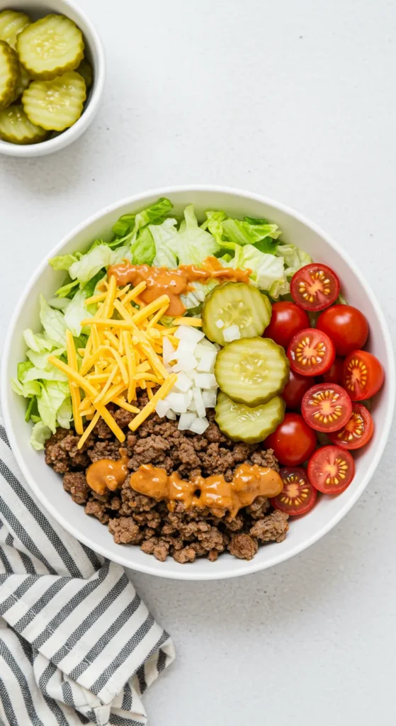 Vertical promotional graphic for a keto-friendly Big Mac Smash Burger Bowl Low Carb recipe.