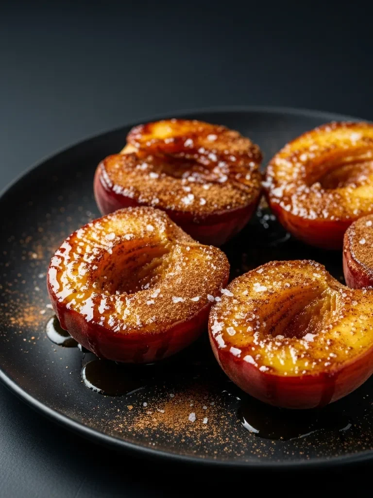 Vertical promotional graphic featuring a bowl of fried peaches with sugar and cinnamon and text overlay.