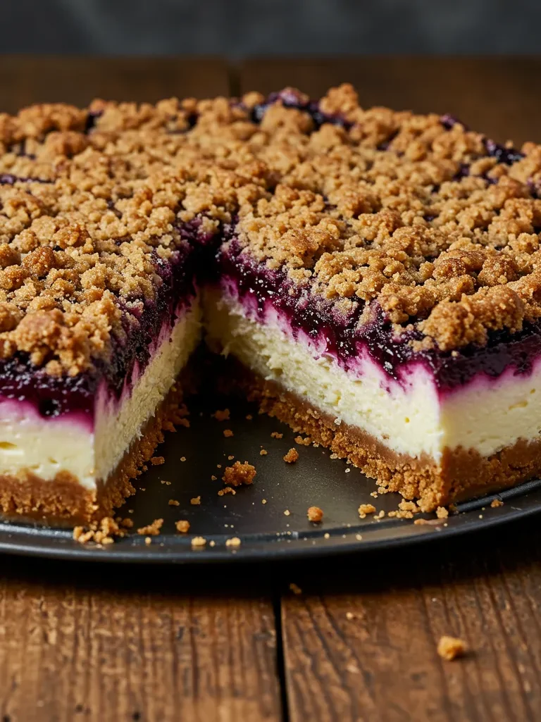 Vertical promotional graphic of a sliced Blueberry Crumble Cheesecake with text overlay.