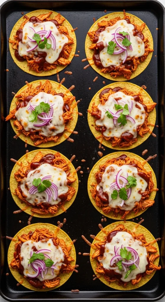 Vertical promotional image showing a stack of Barbecue Chicken Tostadas with text overlay for easy meal planning.