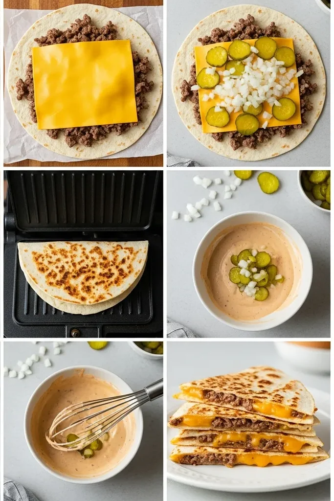 A step-by-step collage showing how to smash beef onto tortillas and cook Smash Burger Quesadillas on a griddle.