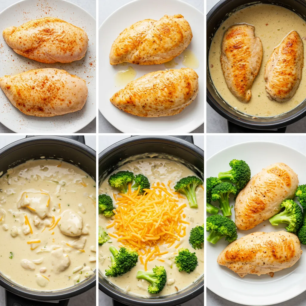 A step-by-step collage showing the process of cooking Crockpot Creamy Broccoli Cheddar Chicken in a slow cooker.