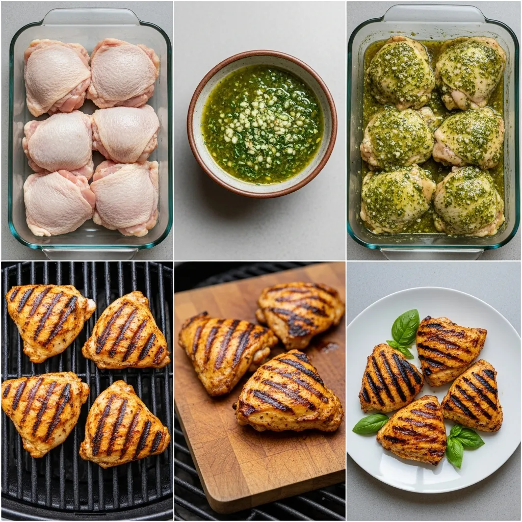 A step-by-step photo collage showing how to prepare and cook Grilled Chicken Thighs with Garlic Marinade.