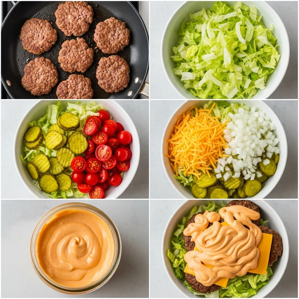 Step-by-step collage showing the cooking and assembly process of a Big Mac Smash Burger Bowl Low Carb.