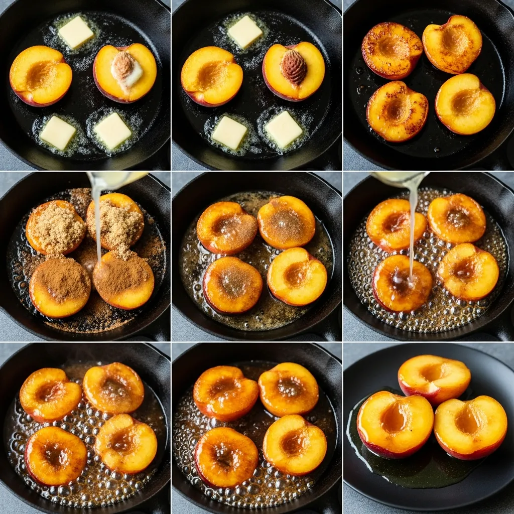 A collage showing the slicing, sautéing, and seasoning steps for fried peaches with sugar and cinnamon.