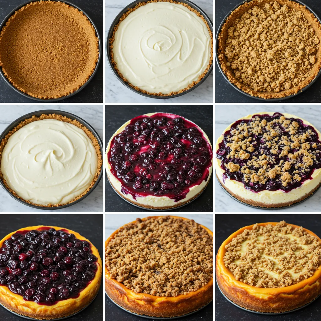 A step-by-step photo collage demonstrating how to bake a layered Blueberry Crumble Cheesecake.