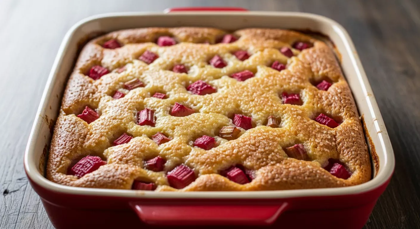 A golden-brown Baked Sticky Rhubarb Pudding served warm in a ceramic dish with a scoop of melting vanilla ice cream on top.