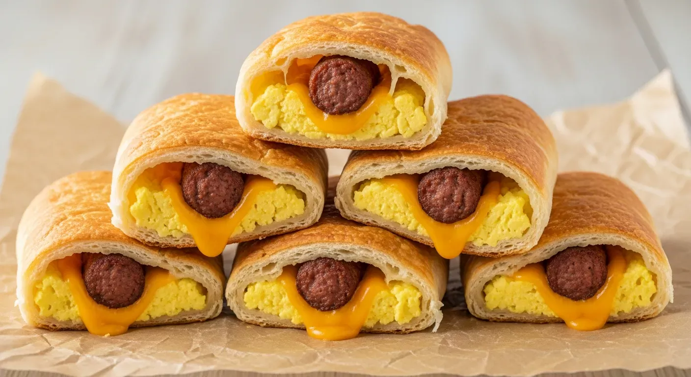 Close up of a freshly baked Sausage and Egg Roll on a rustic wooden cutting board